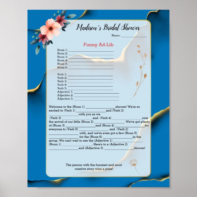 Funny Ad-Lib Game Bridal Shower Poster (Front)