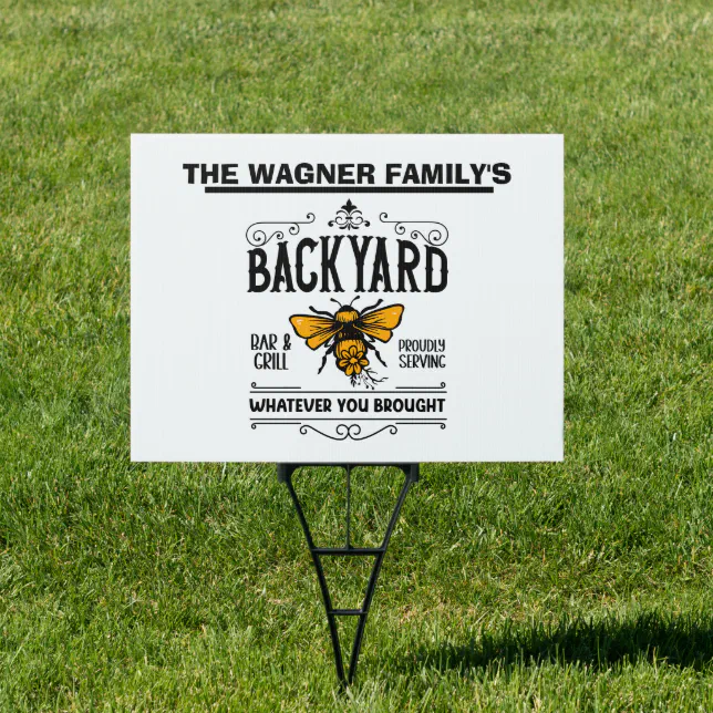 Rff Sign Funny add family name back yard bbq sign | Zazzle
