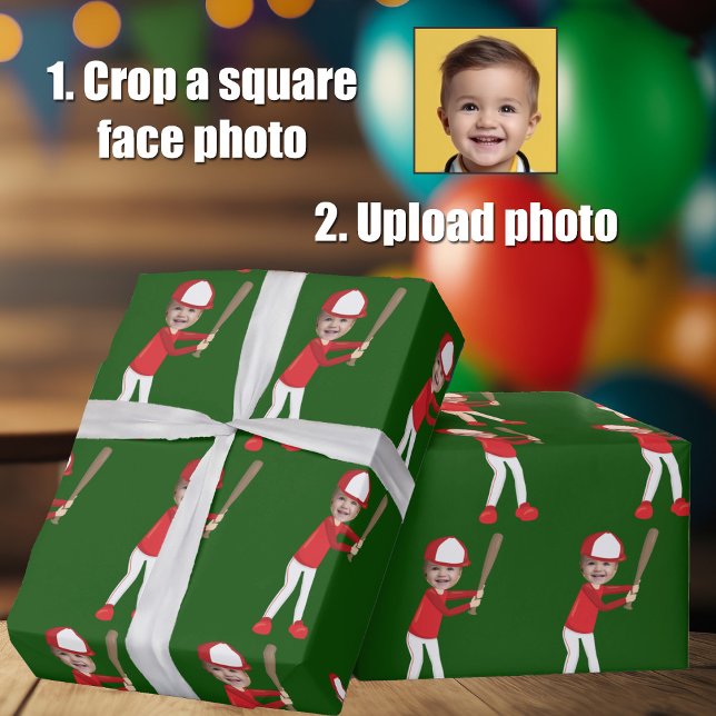 Funny Add Kids Face Photo Baseball Player Green Wrapping Paper (Creator Uploaded)