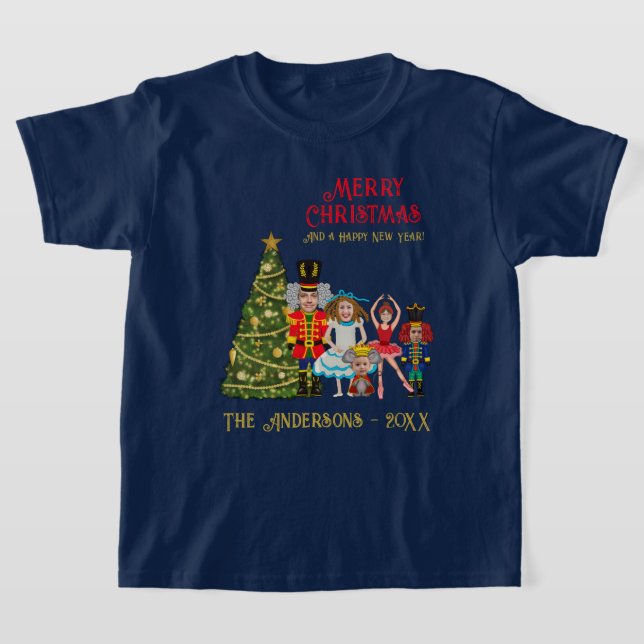 Funny Add Your Face Nutcracker Family Of Five Kids T-Shirt (Laydown)