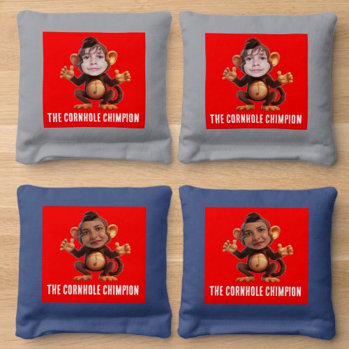 Funny ADD YOUR FACE Pun Champion Monkey Chimp Cornhole Bags