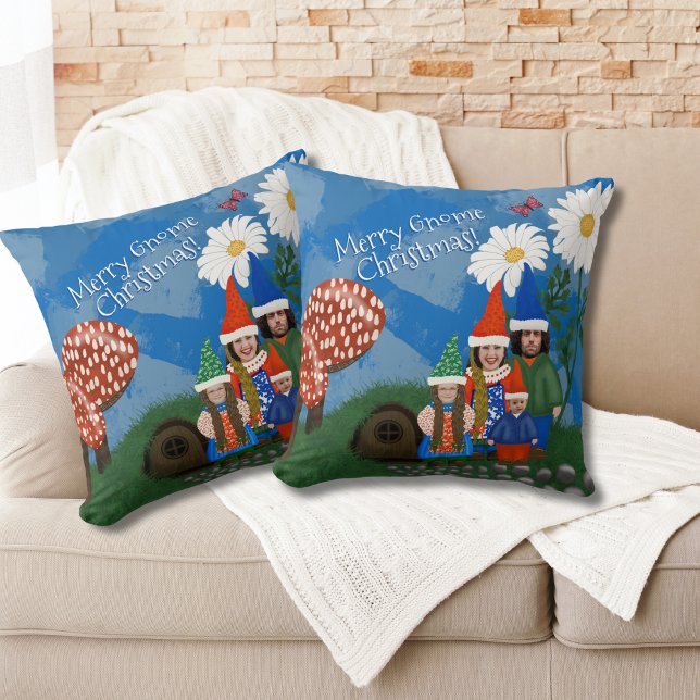 Funny Add Your Photo Gnome Family Merry Christmas Throw Pillow (Creator Uploaded)