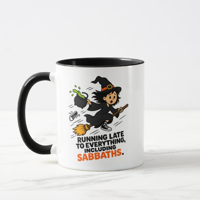 Funny ADHD Witch Running Late Halloween Mug (Left)