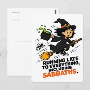 Funny ADHD Witch Running Late Halloween Postcard