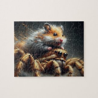 Funny adorable hamster riding a giant spider
