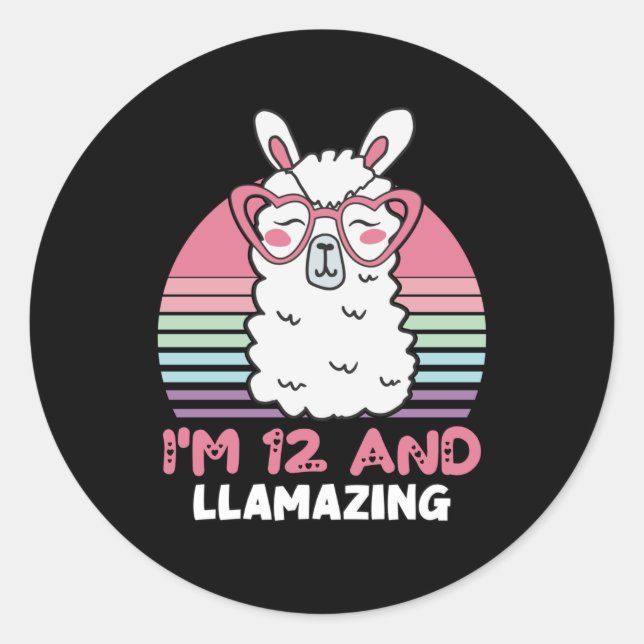 Funny Adorable Llama 12th Birthday Gift For Women Classic Round Sticker (Front)
