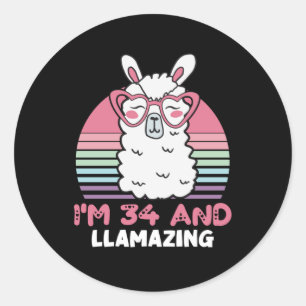 Funny Adorable Llama 34th Birthday Gift For Women Classic Round Sticker