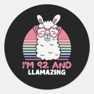 Funny Adorable Llama 92nd Birthday Gift For Women Classic Round Sticker