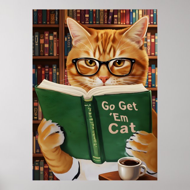 Funny Adorable Reading Cat Art Coffee Tabby Cat Poster (Front)