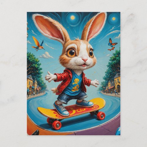 Funny Adorable Skateboarding Rabbit Postcard