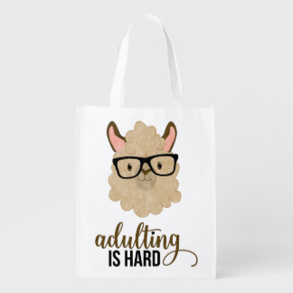 Funny Adulting is Hard Hipster Llama Grocery Bag