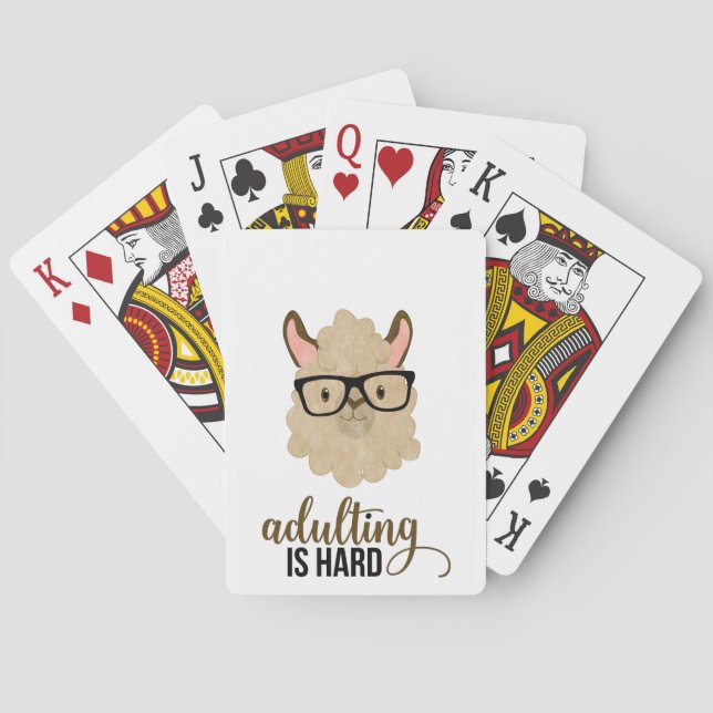 Funny Adulting is Hard Hipster Llama Poker Cards (Back)