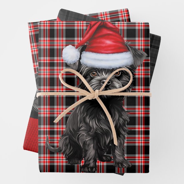 Funny Affenpinscher Christmas Dog Holiday Plaid Wrapping Paper Sheets (In situ)