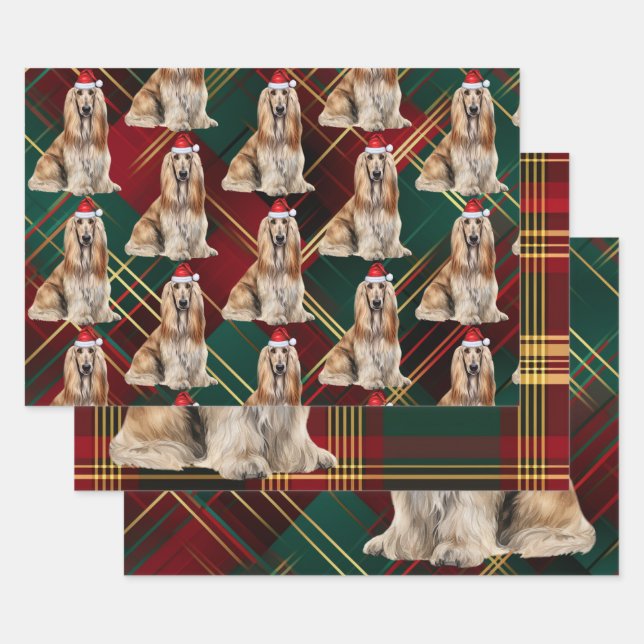 Funny Afghan Hound Christmas Dog Holiday Plaid Wrapping Paper Sheets (Set)