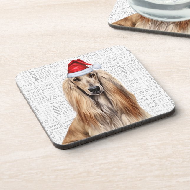Funny Afghan Hound Dog Woof Word Art Holiday Beverage Coaster (Left Side)