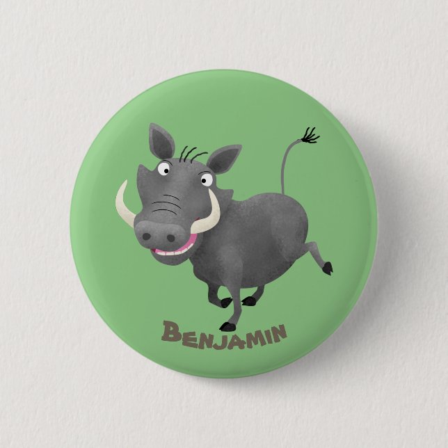 Funny african warthog pig cartoon illustration button (Front)