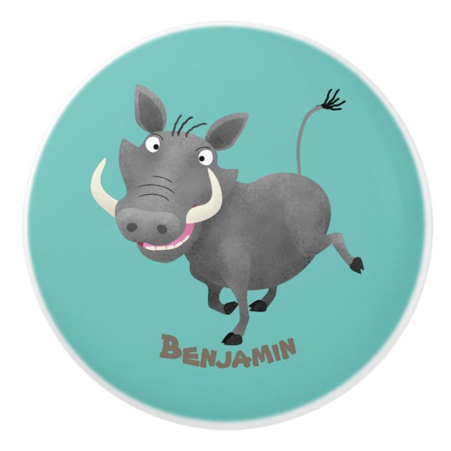 Funny african warthog pig cartoon illustration ceramic knob (Front)