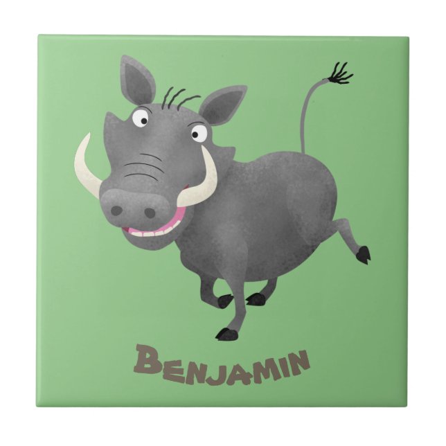 Funny african warthog pig cartoon illustration ceramic tile (Front)