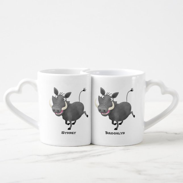 Funny african warthog pig cartoon illustration coffee mug set (Back Nesting)