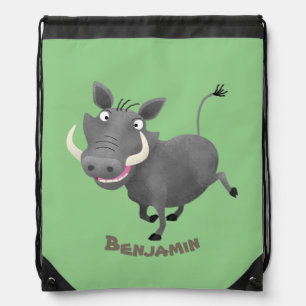 Funny african warthog pig cartoon illustration drawstring bag