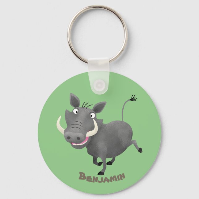 Funny african warthog pig cartoon illustration keychain (Front)