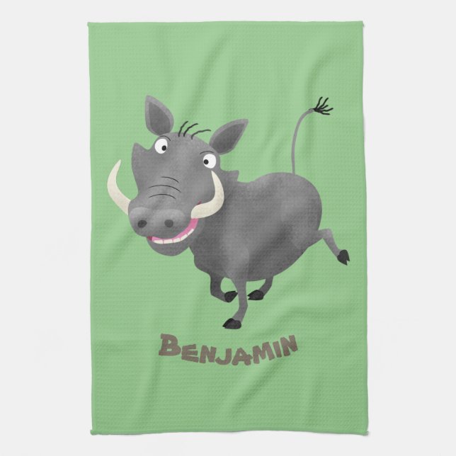 Funny african warthog pig cartoon illustration kitchen towel (Vertical)