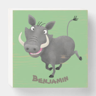 Funny african warthog pig cartoon illustration wooden box sign