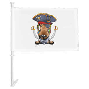 Funny Airedale Terrier dog in pirate hat with two Car Flag
