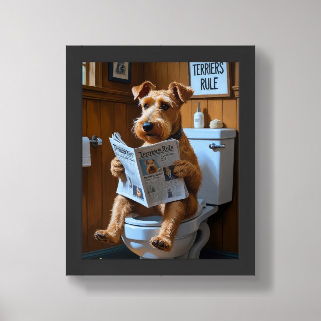 Funny Airedale Terrier Sitting on Toilet Framed Art (Framed Front)