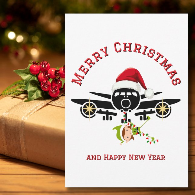 Funny Airplane Santa hat & Elf Custom Xmas Photo Holiday Card (Creator Uploaded)