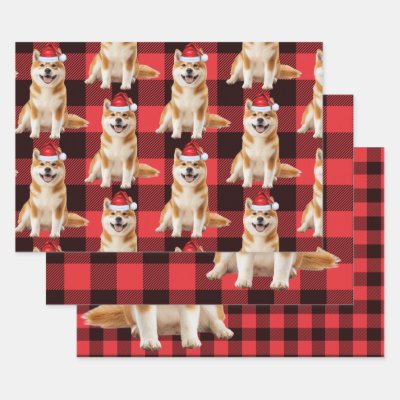 Funny Akita Christmas Dog Buffalo Plaid Wrapping Paper Sheets