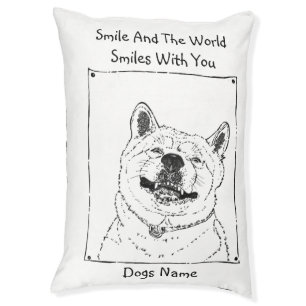 funny akita dog smiling picture with happy slogan pet bed