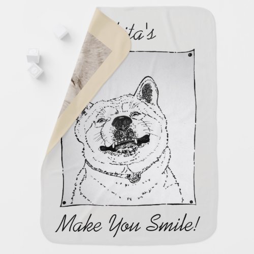 funny akita smiling portrait and slogan design dog swaddle blanket