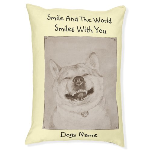 funny akita smiling with happy slogan for dog pet bed