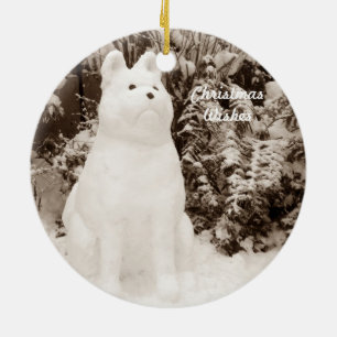 funny akita snow dog snow scene seasonal ceramic ornament