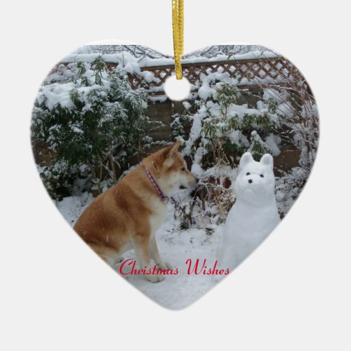 funny akita snow dog snow scene seasonal ceramic ornament