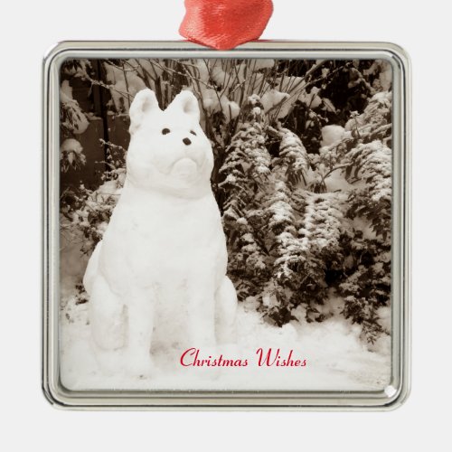 funny akita snow dog snow scene seasonal metal ornament