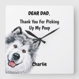 Funny Alaskan Malamute Dad Watercolor Canine Art  Square Wall Clock
