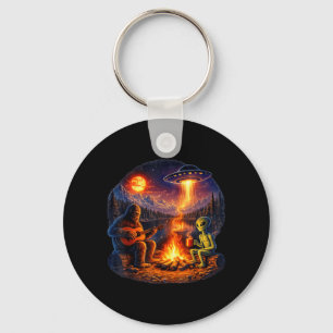 Funny Alien and Bigfoot Campfire Moon UFO Keychain
