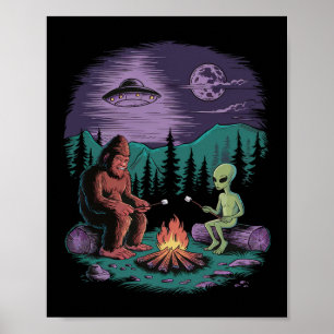 Funny Alien And Bigfoot Hiking Moon Sasquatch Ufo  Poster