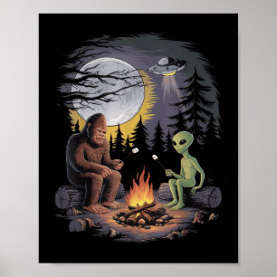 Funny Alien And Bigfoot Hiking Moon Sasquatch Ufo Poster