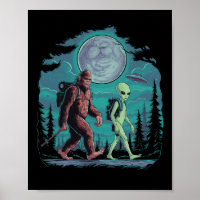 Funny Alien And Bigfoot Hiking Moon Sasquatch Ufo 