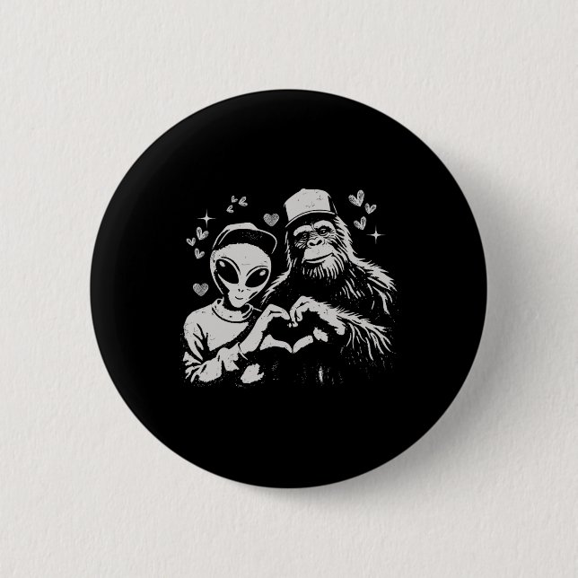 Funny Alien And Bigfoot Valentine Quirky Cryptid L Button (Front)