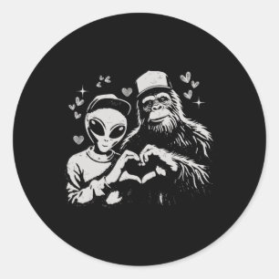Funny Alien And Bigfoot Valentine Quirky Cryptid L Classic Round Sticker