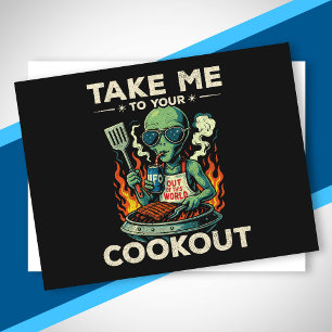 Funny Alien BBQ Cookout Retro UFO Space Grilling Holiday Postcard
