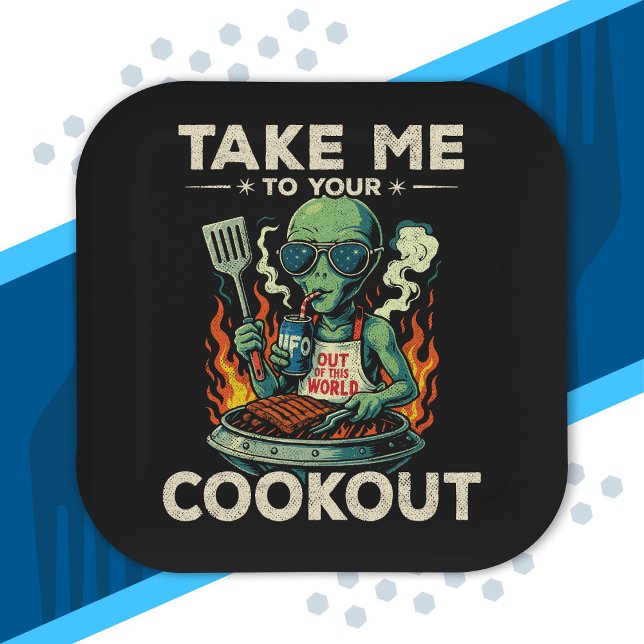 Funny Alien BBQ Cookout Retro UFO Space Grilling Paper Plates (Creator Uploaded)