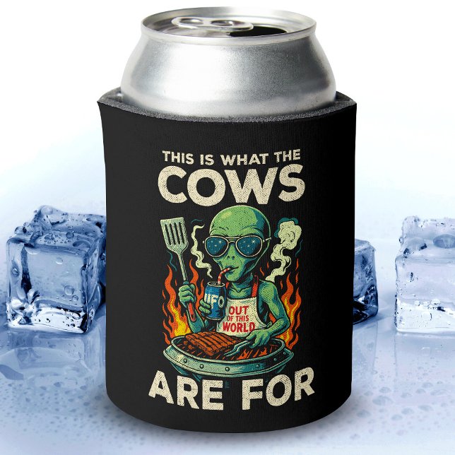 Funny Alien BBQ Grill Cow Abduction Joke Retro UFO Can Cooler (Creator Uploaded)
