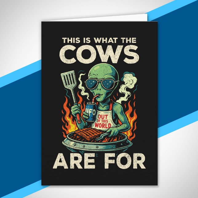 Funny Alien BBQ Grill Cow Abduction Joke Retro UFO Card (Creator Uploaded)