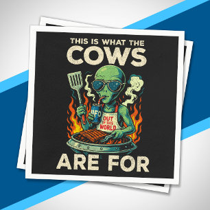 Funny Alien BBQ Grill Cow Abduction Joke Retro UFO Napkins