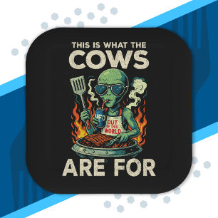 Funny Alien BBQ Grill Cow Abduction Joke Retro UFO Paper Plates